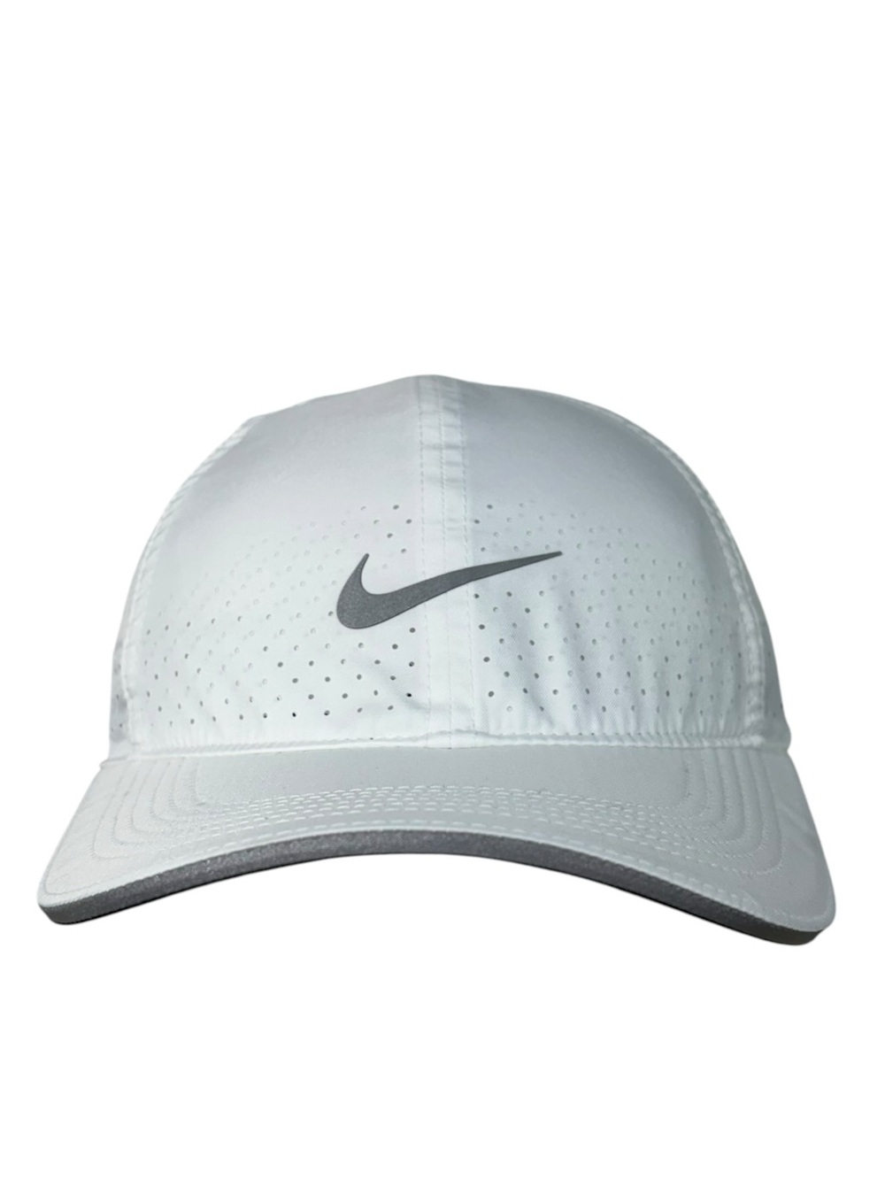 Nike Featherlight Dri-Fit White Gray Check Logo Athletic Hat Moisture Wick Golf